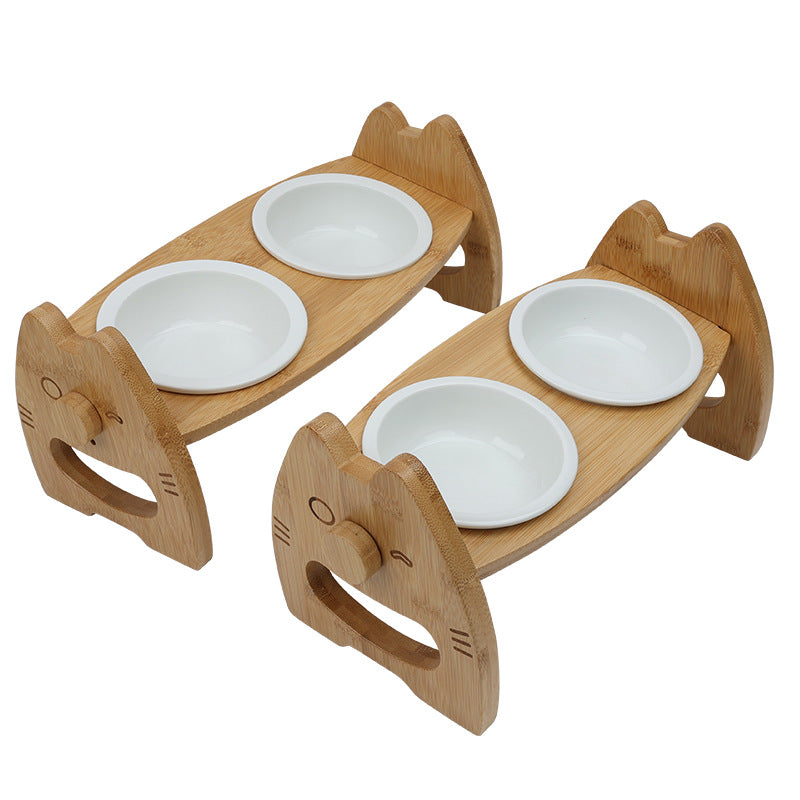 ペットボウル 陶器製ダブルボウル ウッドスタンド付き 首保護 犬猫用食器 高さ調節可能 傾斜分離型ボウル ペット用品