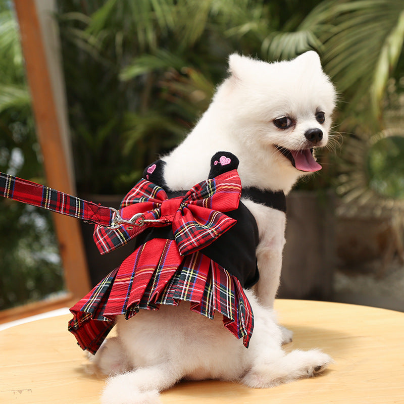 犬 猫 スカート JK格子 チェストストラップ 手持ちロープ