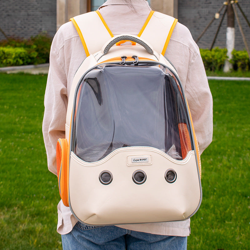 お出かけ ポータブル 透明 バックパック ペットトラベルスペースバッグ 通気性 レザー 猫用品