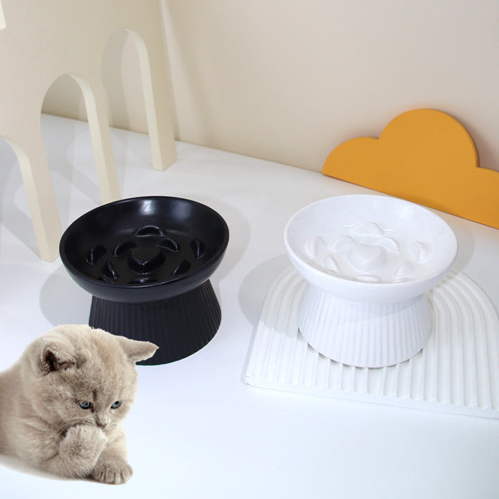 陶器製ペット用猫犬兼用ボウル 誤嚥防止 早食い防止 転倒防止 高足型 首保護 フードボウル
