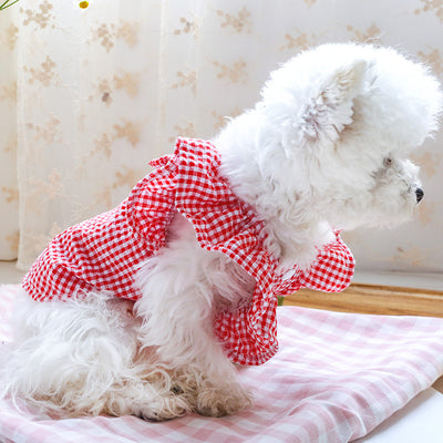 ペット服 赤チェック蝶結びペット服ベビーシャツ