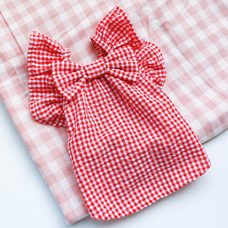 ペット服 赤チェック蝶結びペット服ベビーシャツ
