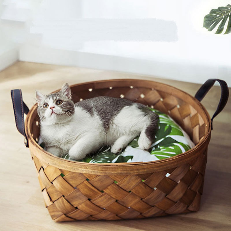 竹ラタン猫用ベッドハウス、ケンネル、ネスト、犬用ベッド、猫用テント、夏用犬用ソファベッドクッション、ペット用ベッド、猫用ハウス、犬用ハウス、猫用ラグ、ティピー
