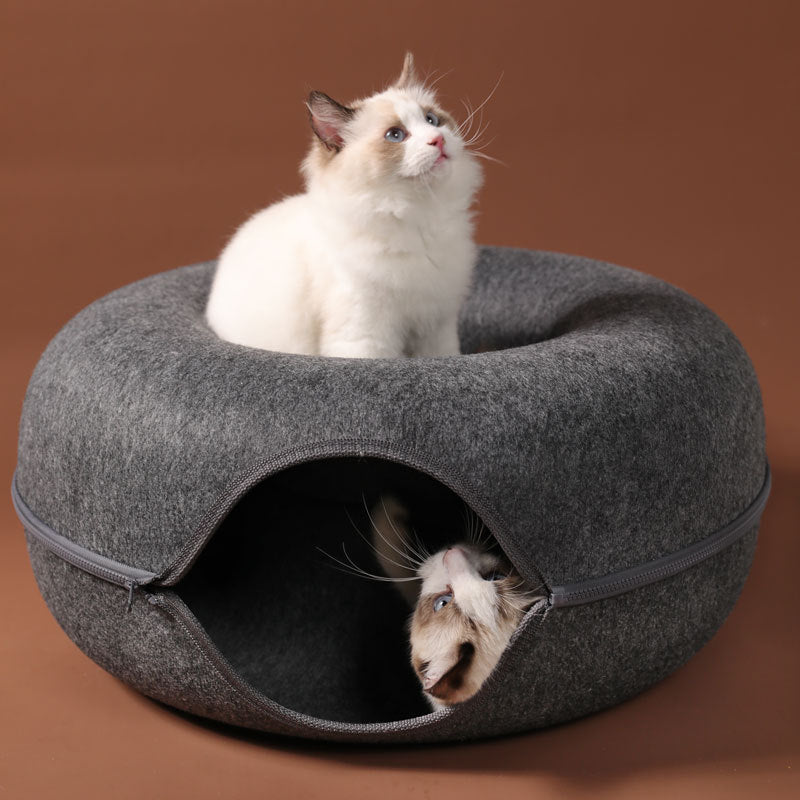 四季対応 猫用巣 丸型ウールフェルト ペット用二段式猫用巣トンネル インタラクティブトレーニング玩具 グレーフェルト 猫用巣