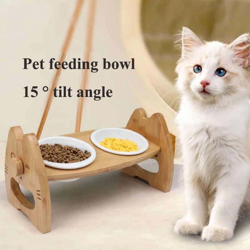 ペットボウル 陶器製ダブルボウル ウッドスタンド付き 首保護 犬猫用食器 高さ調節可能 傾斜分離型ボウル ペット用品