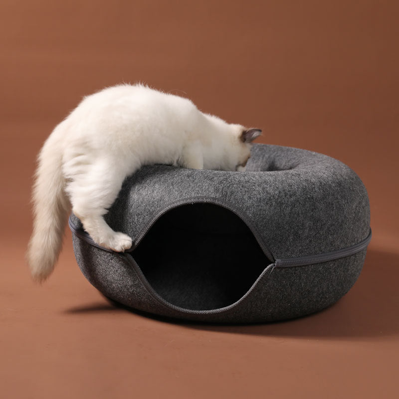 四季対応 猫用巣 丸型ウールフェルト ペット用二段式猫用巣トンネル インタラクティブトレーニング玩具 グレーフェルト 猫用巣