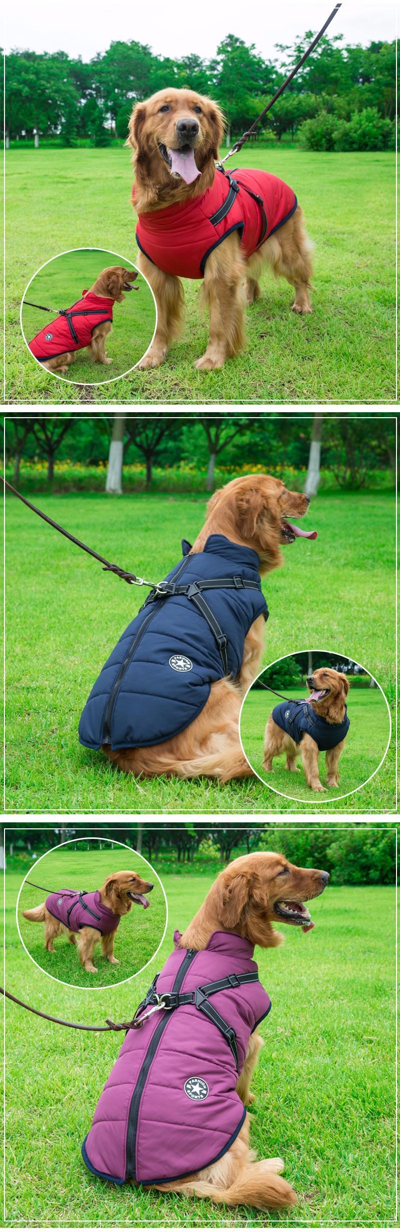 反射材付き大型犬用防寒服 暖かいペットコート 防水 秋冬用ドッグシェルコート