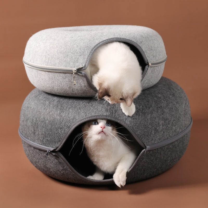 四季対応 猫用巣 丸型ウールフェルト ペット用二段式猫用巣トンネル インタラクティブトレーニング玩具 グレーフェルト 猫用巣
