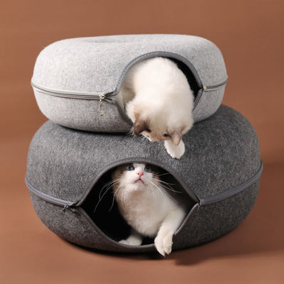 四季対応 猫用巣 丸型ウールフェルト ペット用二段式猫用巣トンネル インタラクティブトレーニング玩具 グレーフェルト 猫用巣