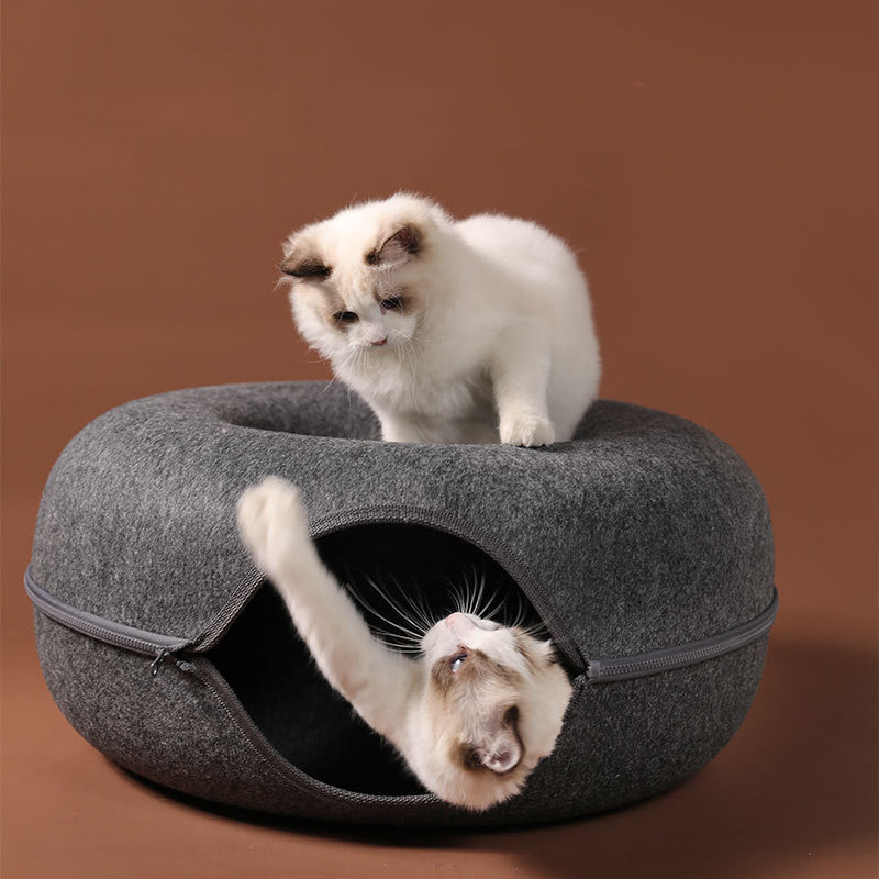 四季対応 猫用巣 丸型ウールフェルト ペット用二段式猫用巣トンネル インタラクティブトレーニング玩具 グレーフェルト 猫用巣
