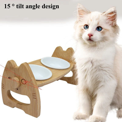 ペットボウル 陶器製ダブルボウル ウッドスタンド付き 首保護 犬猫用食器 高さ調節可能 傾斜分離型ボウル ペット用品
