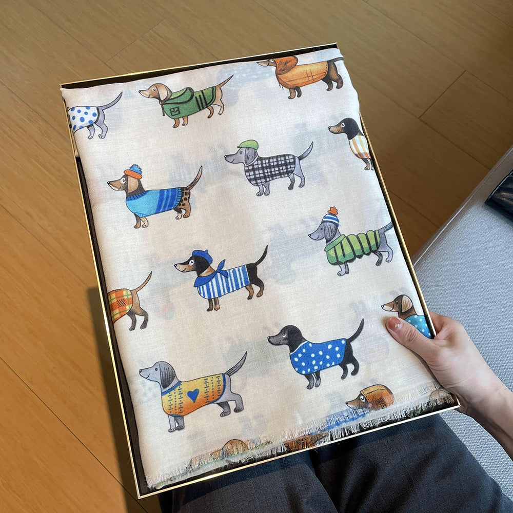 女性用おしゃれ旅行ショール 犬柄 暖かい大判スカーフ