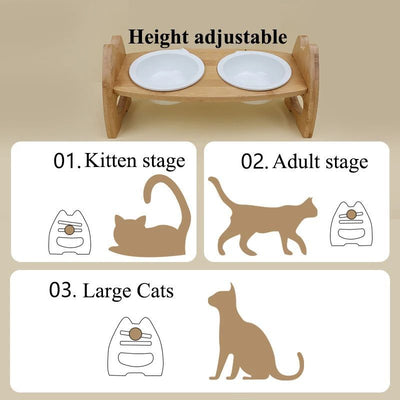 ペットボウル 陶器製ダブルボウル ウッドスタンド付き 首保護 犬猫用食器 高さ調節可能 傾斜分離型ボウル ペット用品