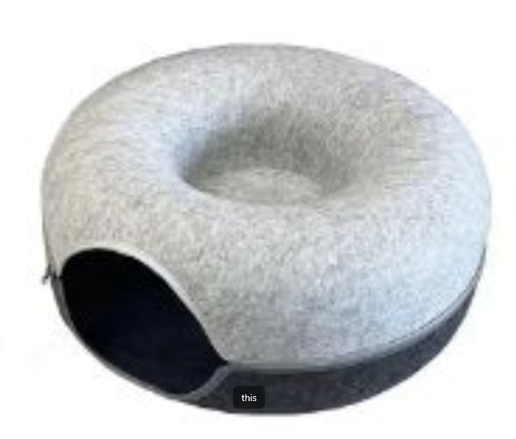四季対応 猫用巣 丸型ウールフェルト ペット用二段式猫用巣トンネル インタラクティブトレーニング玩具 グレーフェルト 猫用巣