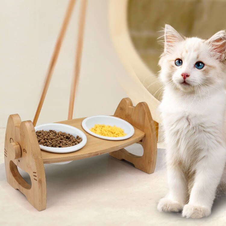 ペットボウル 陶器製ダブルボウル ウッドスタンド付き 首保護 犬猫用食器 高さ調節可能 傾斜分離型ボウル ペット用品