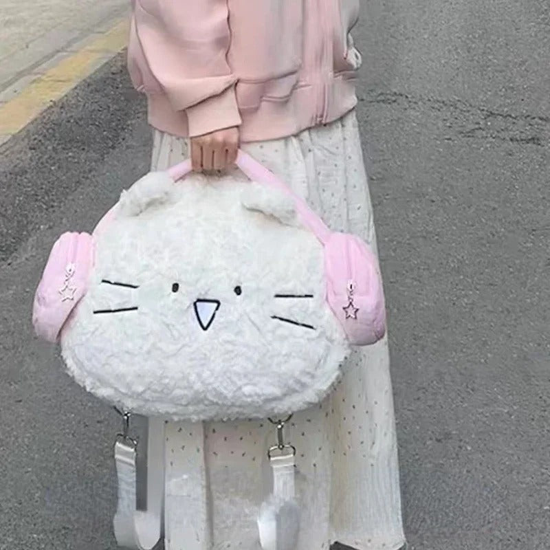 かわいいイヤホン猫バックパック ぬいぐるみ 学生 旅行 万能