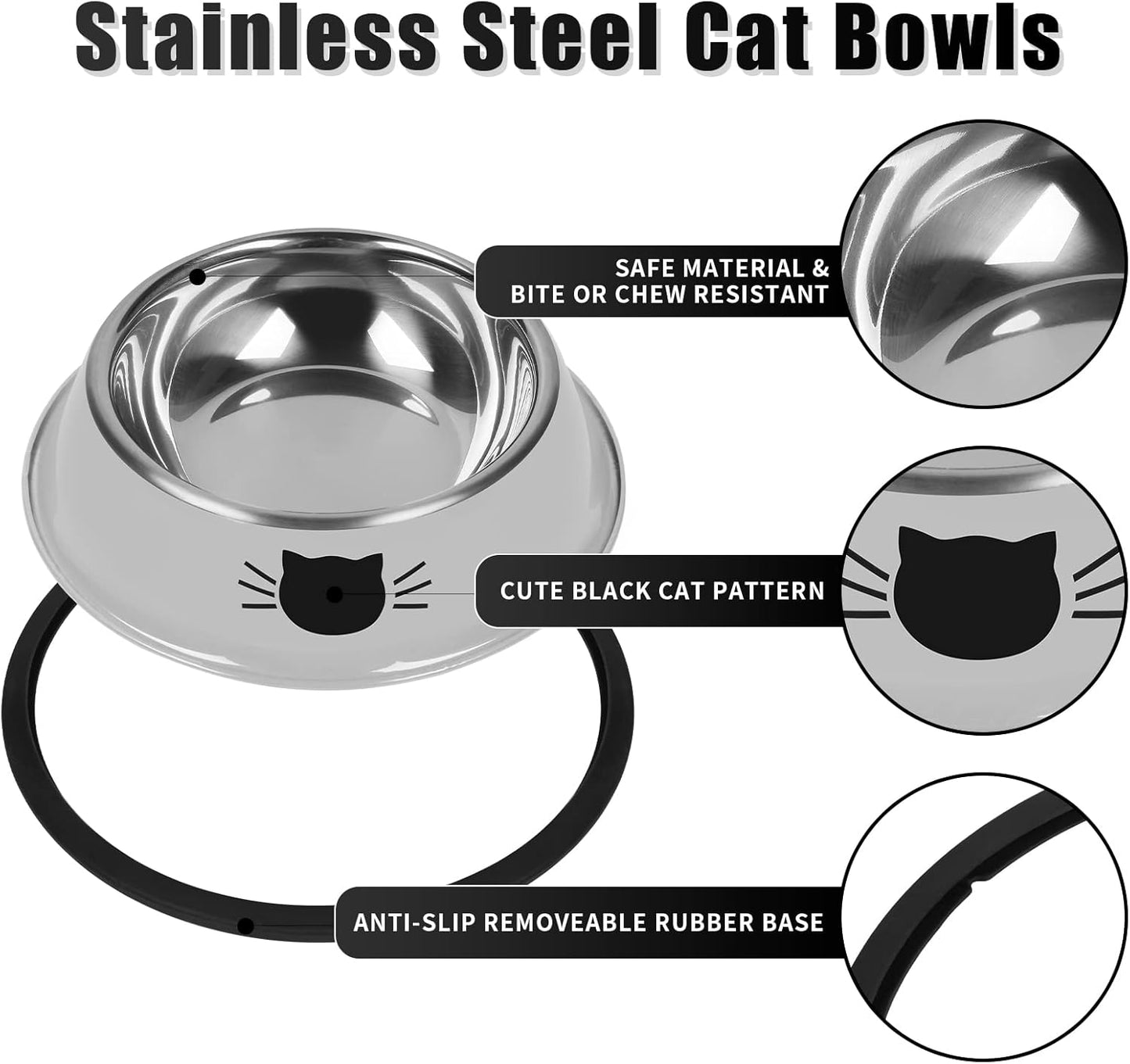 小型猫用食器、滑り止め付きステンレス製キャットフードボウル（取り外し可能なゴム底付き）