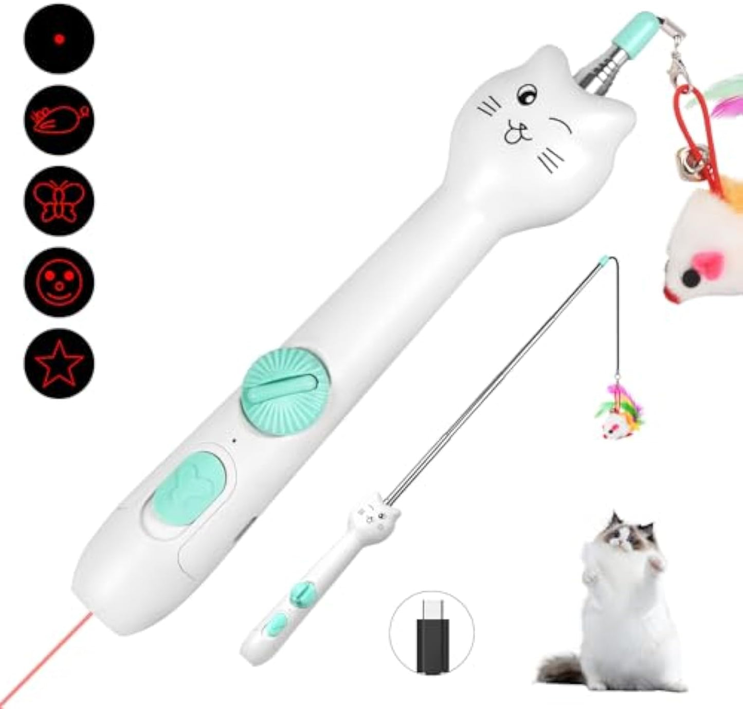 猫用おもちゃ インタラクティブ 充電式レーザーポインター 猫じゃらし 羽根おもちゃ付き 2-in-1 猫用おもちゃ 室内猫 子猫 ペット用レーザーおもちゃ 遊び用