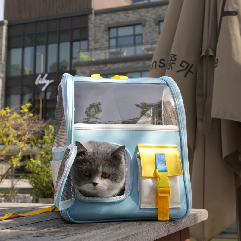 お出かけ ポータブル 透明 バックパック ペットトラベルスペースバッグ 通気性 レザー 猫用品